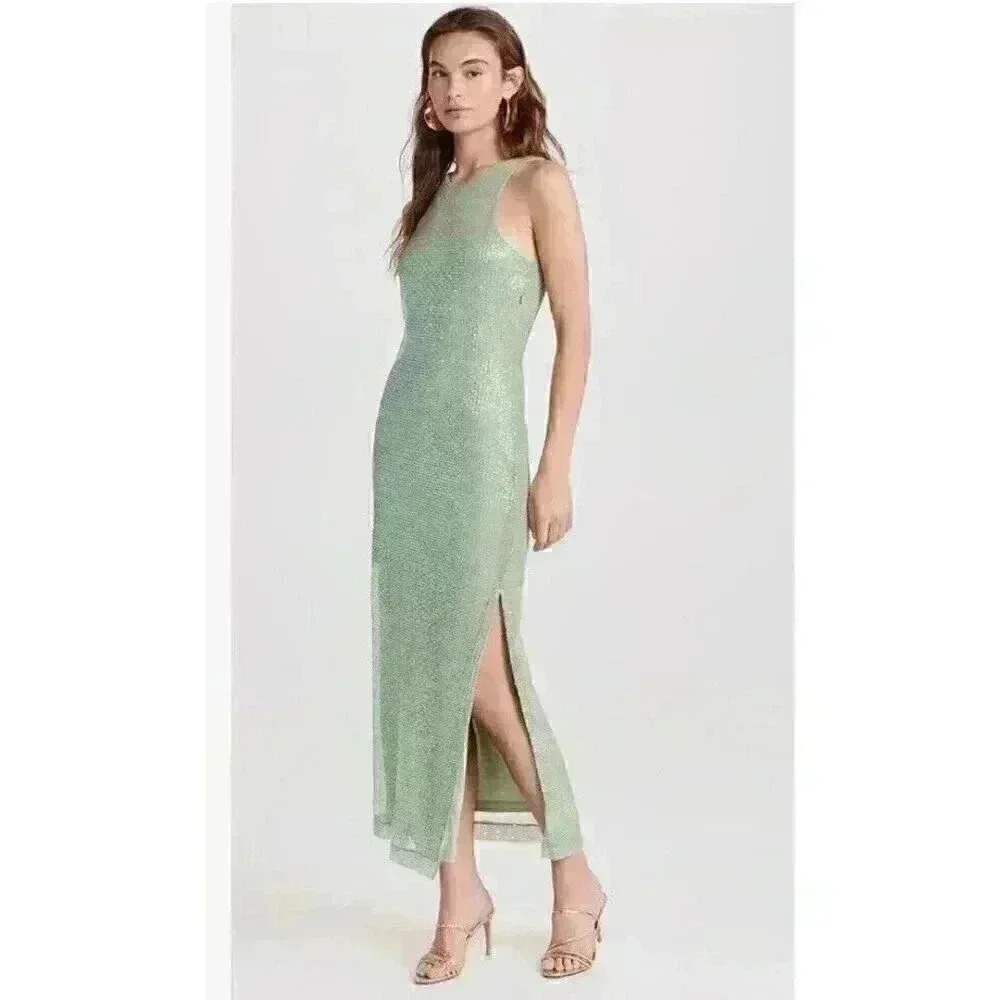 New by TIMO green sequin strap tank long slim dress size medium